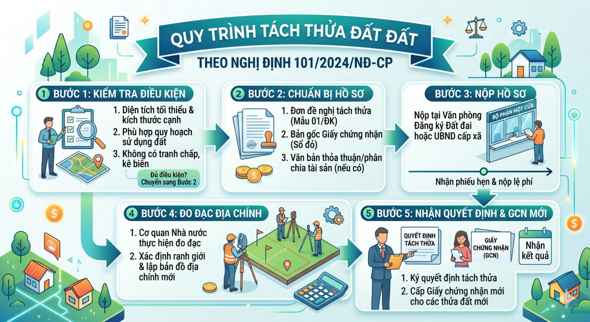 Quy trình tách thửa đất từng bước theo Nghị định 101/2024/NĐ-CP
