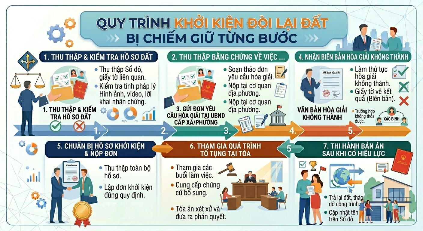 Quy trình khởi kiện đòi lại đất bị người khác chiếm giữ từng bước theo quy định 2026