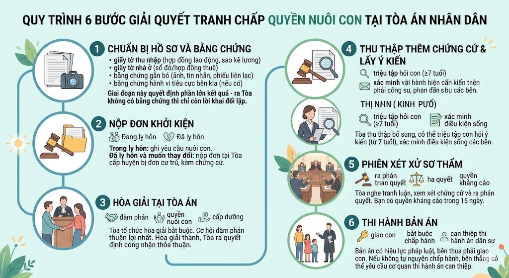 Quy trình 6 bước giải quyết tranh chấp quyền nuôi con khi ly hôn tại Tòa án nhân dân - N.H Legal