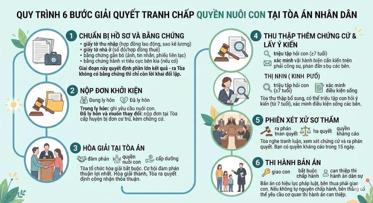 Quy trình 6 bước giải quyết tranh chấp quyền nuôi con khi ly hôn tại Tòa án nhân dân - N.H Legal