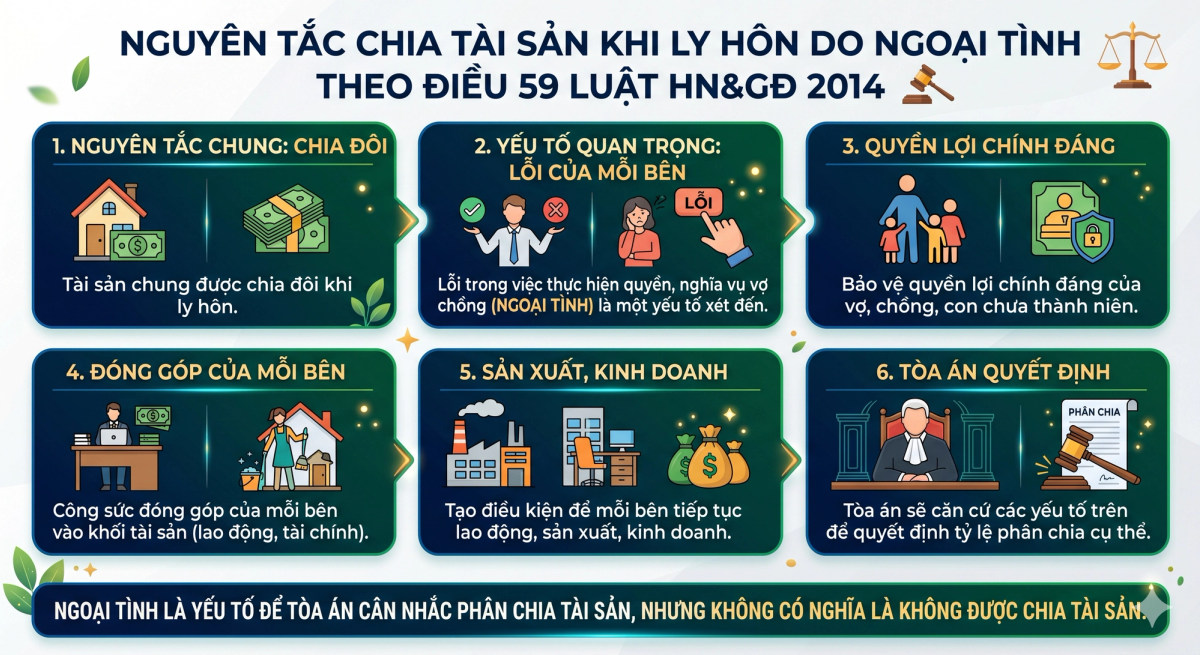 Nguyên tắc chia tài sản khi ly hôn do ngoại tình theo Điều 59 Luật HN&GĐ 2014 - N.H Legal