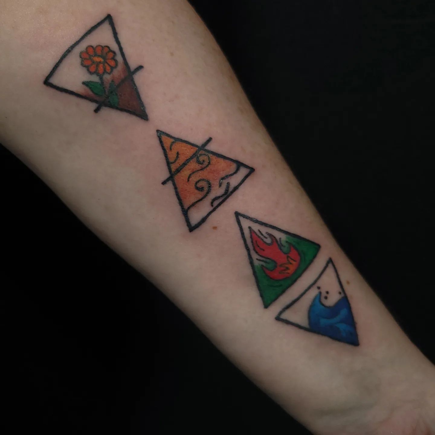 Tattoo with triangles representing different elements on the earth