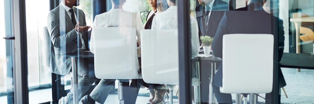 Business professionals collaborating during a consulting meeting in a modern office.