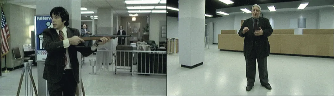 A re-enacted bank robbery in the two-channel work The Third Memory