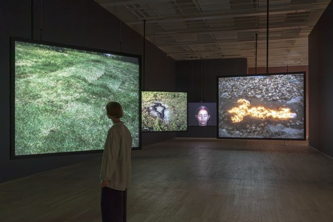 Several screens show Mendieta’s outdoor film works