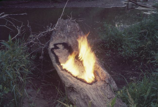 An outdoor silhouette form burns in flames