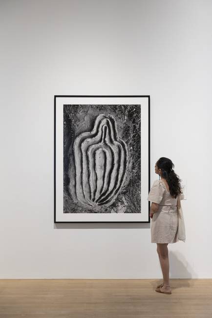 一位观众观看刻有层层轮廓的岩壁摄影作品