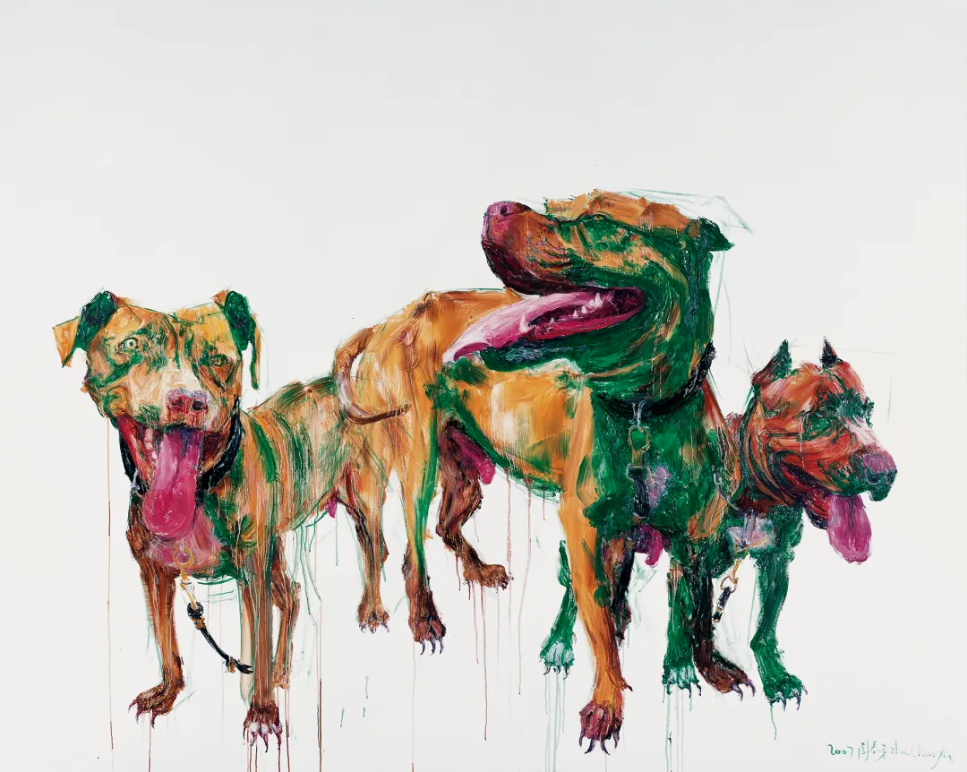 周春芽，《3个斗犬》，2007