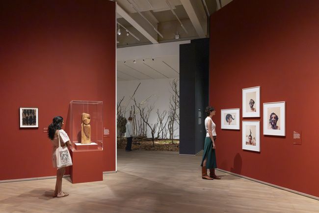A red-walled gallery opens onto the indoor forest installation