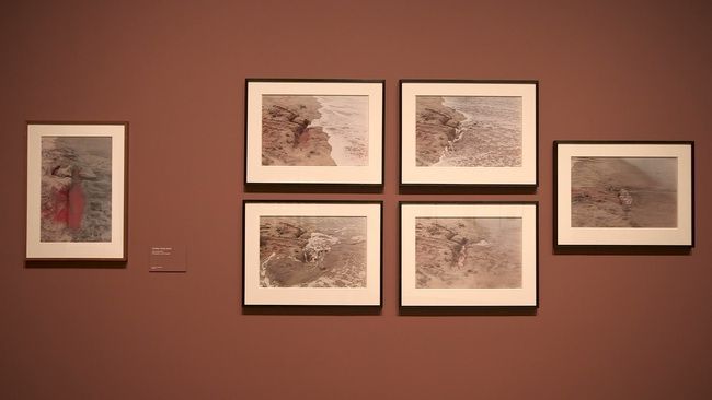 A group of photographs on a red wall records interventions involving the body and the earth