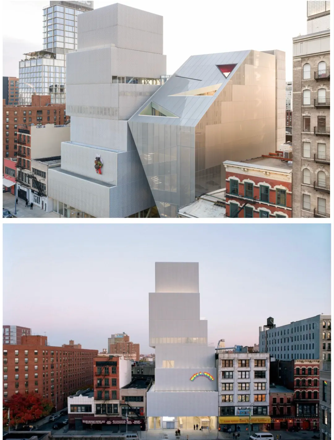 Tschabalala Self’s new commission for the museum, Art Lovers, climbs the exterior wall. Two enormous, gleaming bodies embrace, marking the “kissing point” between the SANAA building and OMA’s new addition.