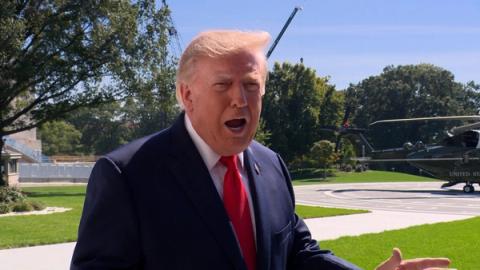 President Trump speaks with the press before departing the White House, Oct. 1, 2026, with Marine One behind him — Official White House video frame, interim until a Butler-Vandalia still posts