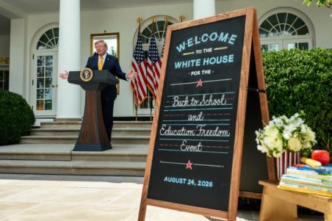 President Trump speaks at the White House Back to School and Education Freedom Event podium, Rose Garden, August 24, 2026 — Official White House Photo P20260824JB-0238