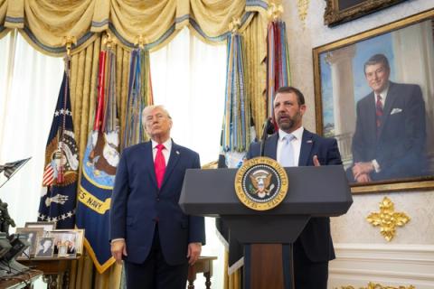 Stand-in photo (March 24, 2026): President Donald Trump participates in the swearing-in ceremony for former U.S. Sen. Markwayne Mullin as he is sworn in as secretary of homeland security by Pam Bondi in the Oval Office of the White House in Washington, D.C., March 24, 2026. (DHS photo by Tia Dufour)