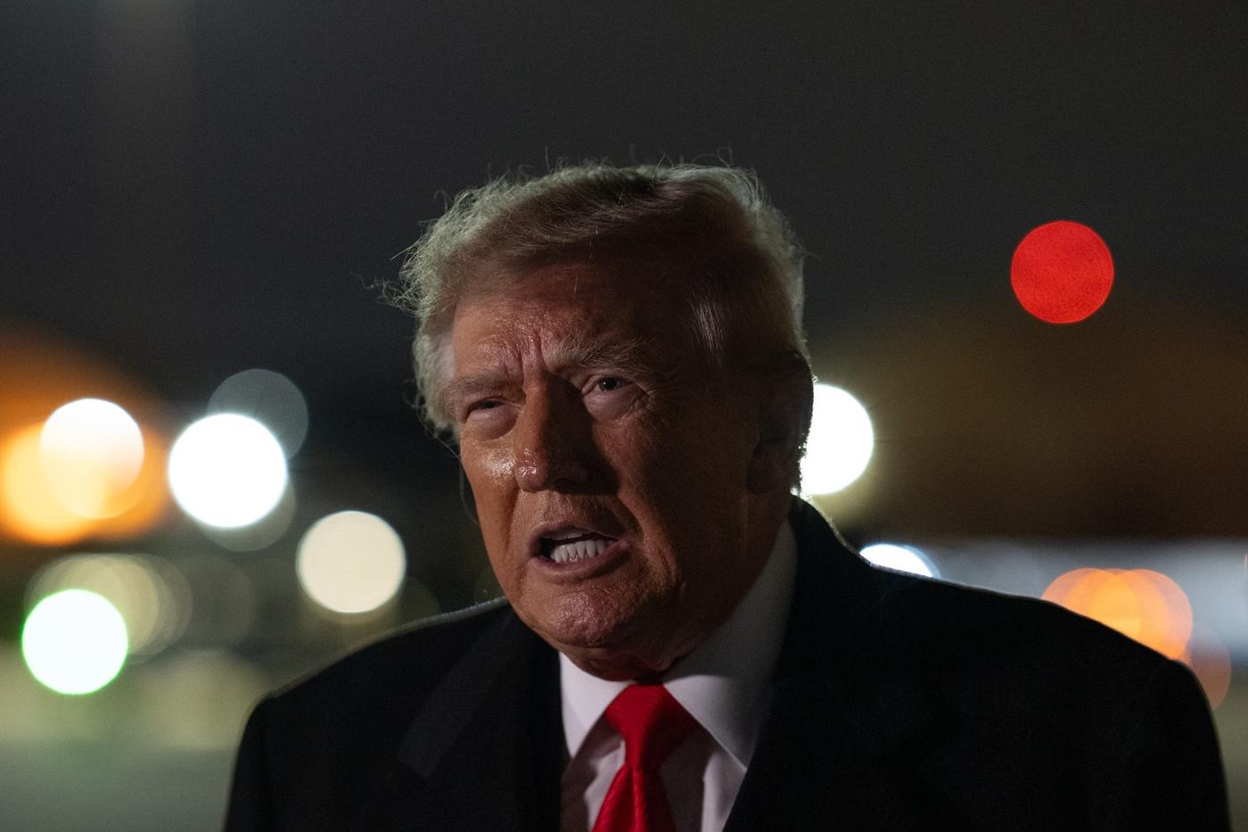 President Donald J. Trump speaks to reporters at night during his October 10, 2026 trip (Official White House Photo by Molly Riley / public domain)