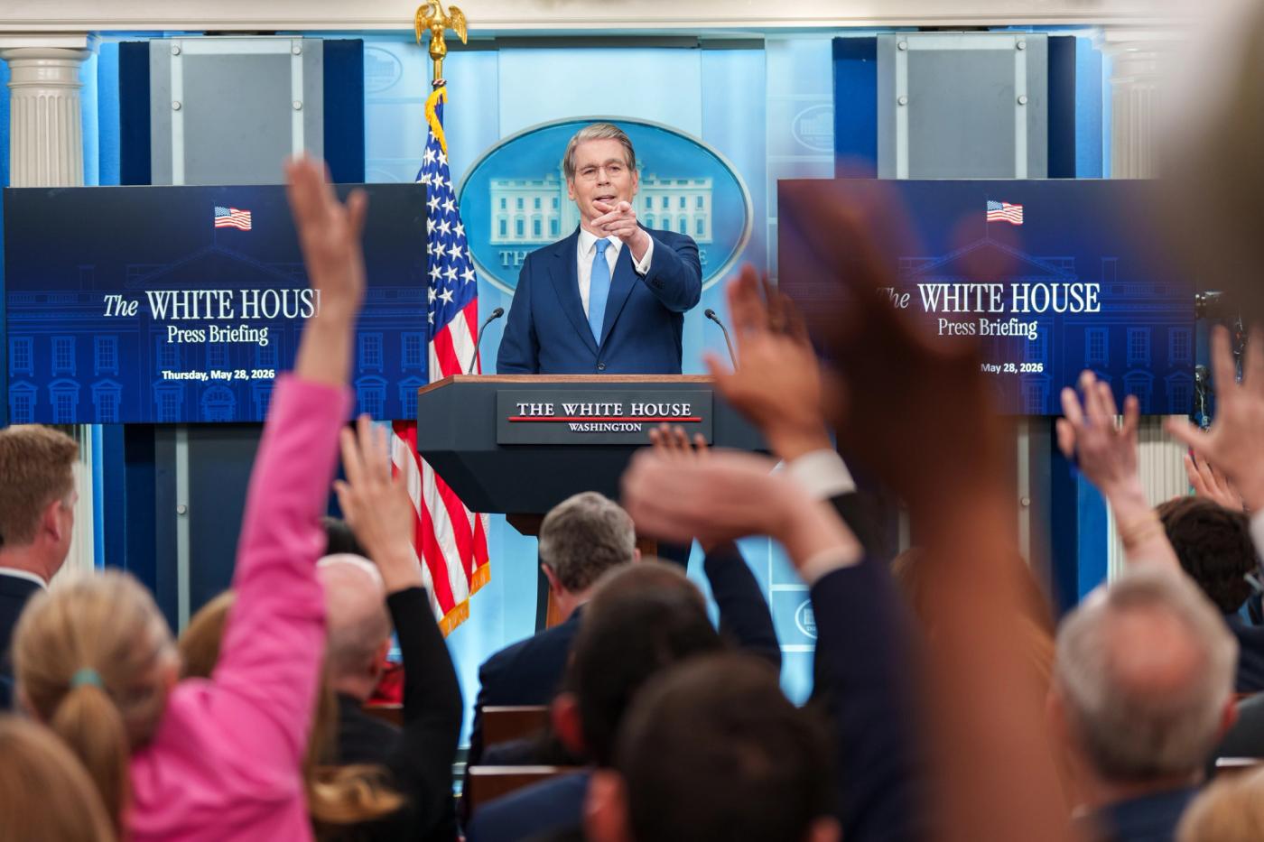 Stand-in photo (May 28, 2026): Treasury Secretary Scott Bessent holds a White House Press Briefing, Thursday, May 28, 2026, in James S. Brady Press Briefing Room at the White House. (Official White House Photo by Abe McNatt)