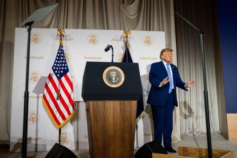 Interim: President Donald J. Trump delivers remarks on America.gov, a new AI-powered website for navigating federal government information and services, at the Andrew W. Mellon Auditorium in Washington, D.C., Tuesday, September 29, 2026. (Official White House Photo by Daniel Torok, P20260929DT-0144)