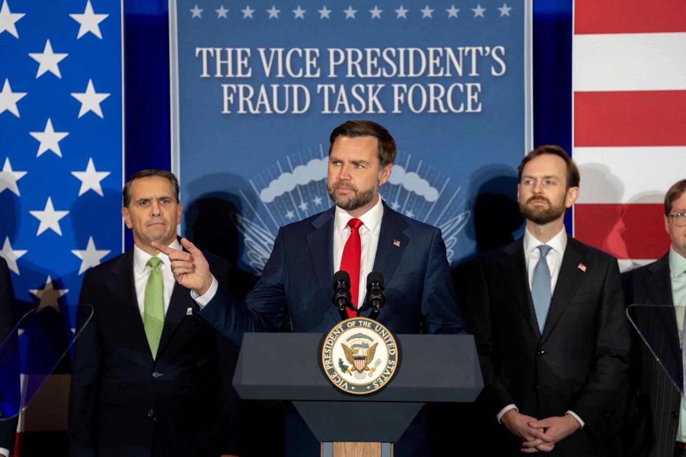 Vice President JD Vance delivers remarks to the Vice President's Fraud Task Force at the FBI field office in Cincinnati, Ohio, October 21, 2026 (Official White House Photo / public domain)