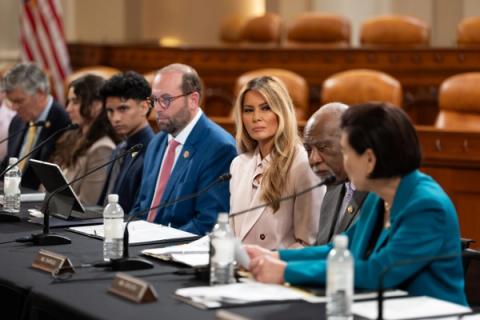 First Lady Melania Trump at a House Ways and Means foster-care roundtable, April 15, 2026 — Official White House Photo (F20260415AH-2893), interim until a Breast Cancer Awareness Month still posts