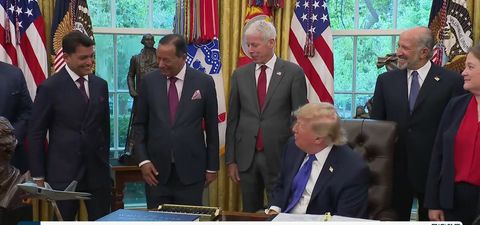 President Trump at the Resolute Desk in the Oval Office announcing the Mesabi Metallics Iowa steel plant with industry leaders, September 28, 2026 (Official White House video still)