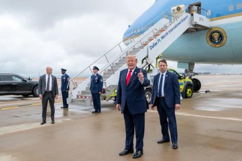 Interim: President Donald J. Trump disembarks Air Force One with members of Congress and speaks to the press at Dallas Fort Worth International Airport, Texas, Thursday, October 1, 2026, the same day as the Lakeland rally. No Lakeland photo has been posted. (Official White House Photo by Molly Riley, P202601001MR-1435)
