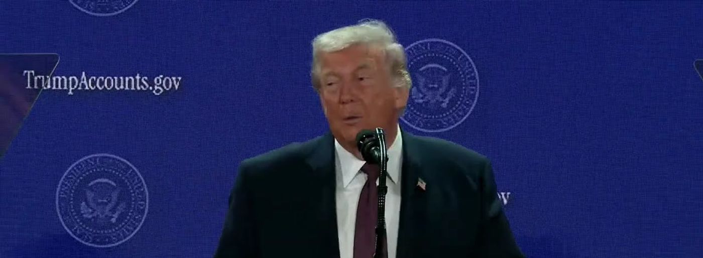 President Trump delivers remarks on Trump Accounts in front of a TrumpAccounts.gov backdrop — Official White House video still, lower third removed