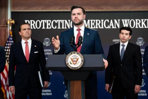 Vice President JD Vance holds a press conference on the Task Force to Eliminate Fraud, Thursday, October 8, 2026, in the Eisenhower Executive Office Building at the White House. (Official White House Photo by Andrea Hanks)