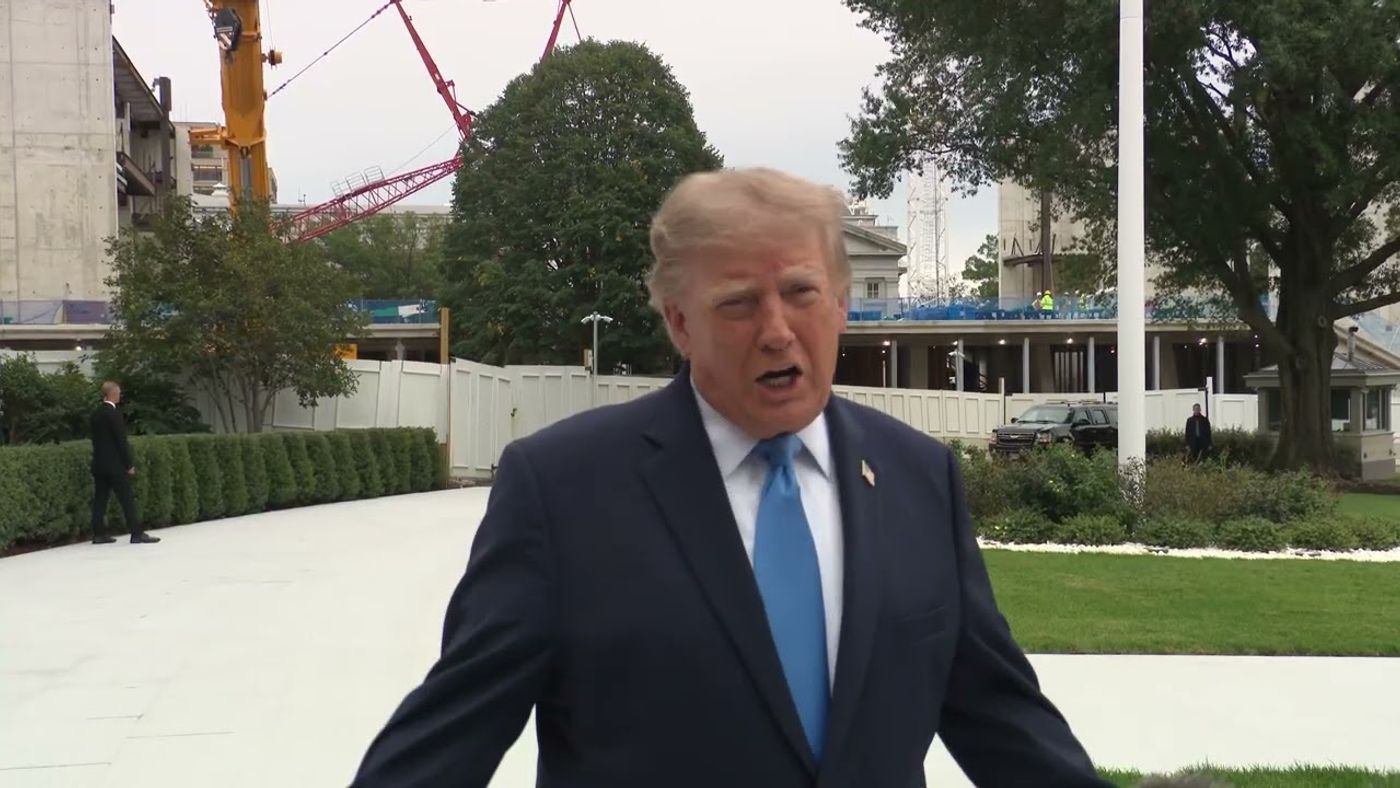 President Trump gaggles with press on the White House South Lawn upon departure Oct. 3, 2026 — same window he framed the Iran decision as easy way or hard way (Official White House YouTube still)