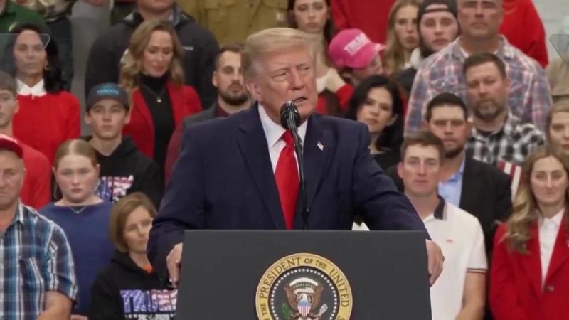President Trump speaks at the Wasilla, Alaska midterm rally on NPR-A leasing, Railbelt power lines, Ambler Road and King Cove, October 13, 2026 (still from Rapid Response 47 video)