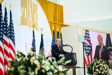 President Donald J. Trump presents the National Medal of Science to tech company leaders at a “New Golden Age” summit with tech and science leaders at the Donald J. Trump Institute of Peace in Washington, D.C., Thursday, October 8, 2026. (Official White House Photo by Daniel Torok)