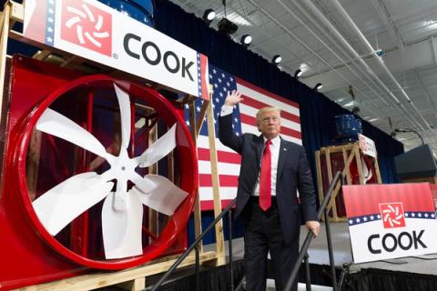 President Donald Trump visits the Loren Cook Company manufacturing facility, highlighting American jobs and industry. Official White House Photo (public domain).