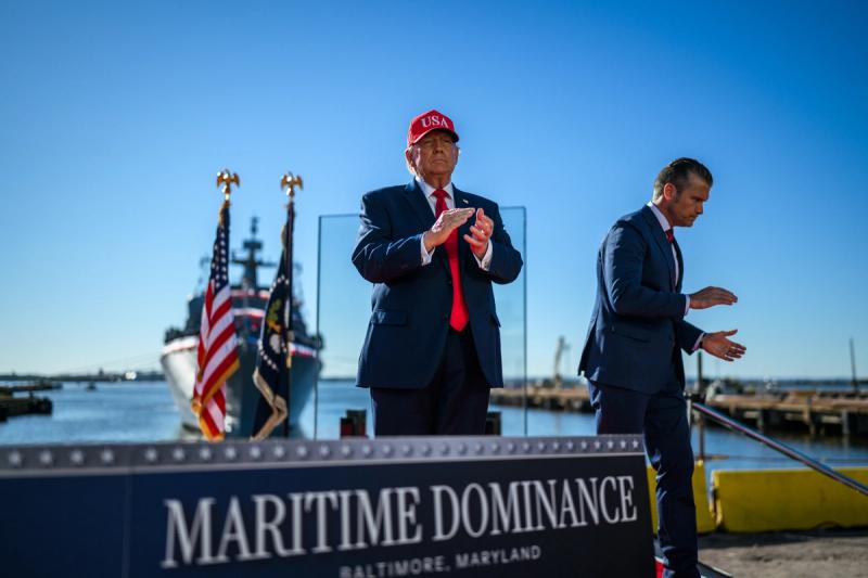 President Trump on stage under the Maritime Dominance banner at Sparrows Point Shipyard in Baltimore, Maryland, where Anduril Industries will build a submarine and autonomous vessel shipyard, October 6, 2026 (Official White House Photo by Daniel Torok)