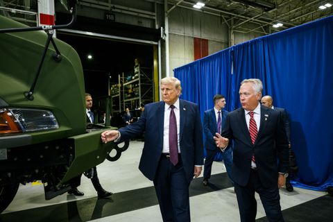 President Trump on the factory floor beside a heavy truck at the Mack Trucks facility in Pennsylvania, June 23, 2026 (Official White House photo)