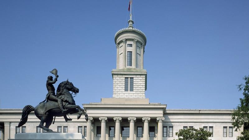 The Tennessee State Capitol in Nashville with the Andrew Jackson equestrian statue in the foreground (Carol M. Highsmith, Library of Congress, public domain)