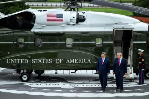 President Trump and President Xi Jinping walk past Marine One on the new White House South Lawn helipad during the China state visit, September 24, 2026 (Official White House photo)