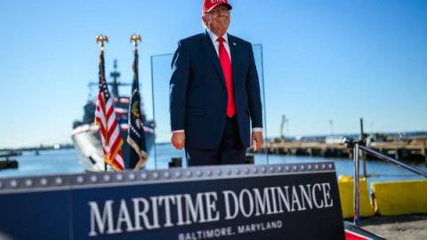 President Donald J. Trump delivers remarks on defense manufacturing investments by Anduril Industries to build a submarine and autonomous vessel shipyard at Sparrows Point, Baltimore, Maryland, Tuesday, October 6, 2026. (Official White House Photo by Daniel Torok)