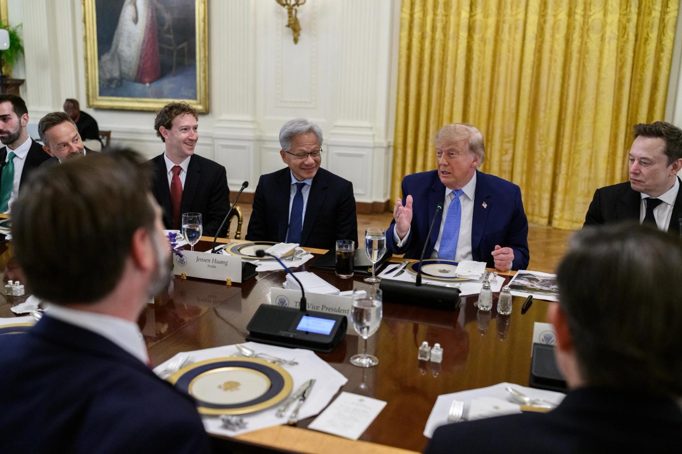 President Trump at the Super Intelligence luncheon, September 29, 2026, with technology leaders including Jensen Huang — Official White House Photo (P20260929DT-1520), a different frame from the East Room photo on the Federal Register and Cybersecurity stories