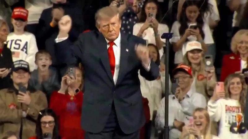 President Trump dances on stage in front of packed stands of supporters at his rally in Clarksville, Tennessee, October 10, 2026 (still from Official White House Rapid Response 47 video)
