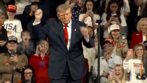 President Trump dances on stage in front of packed stands of supporters at his rally in Clarksville, Tennessee, October 10, 2026 (still from Official White House Rapid Response 47 video)