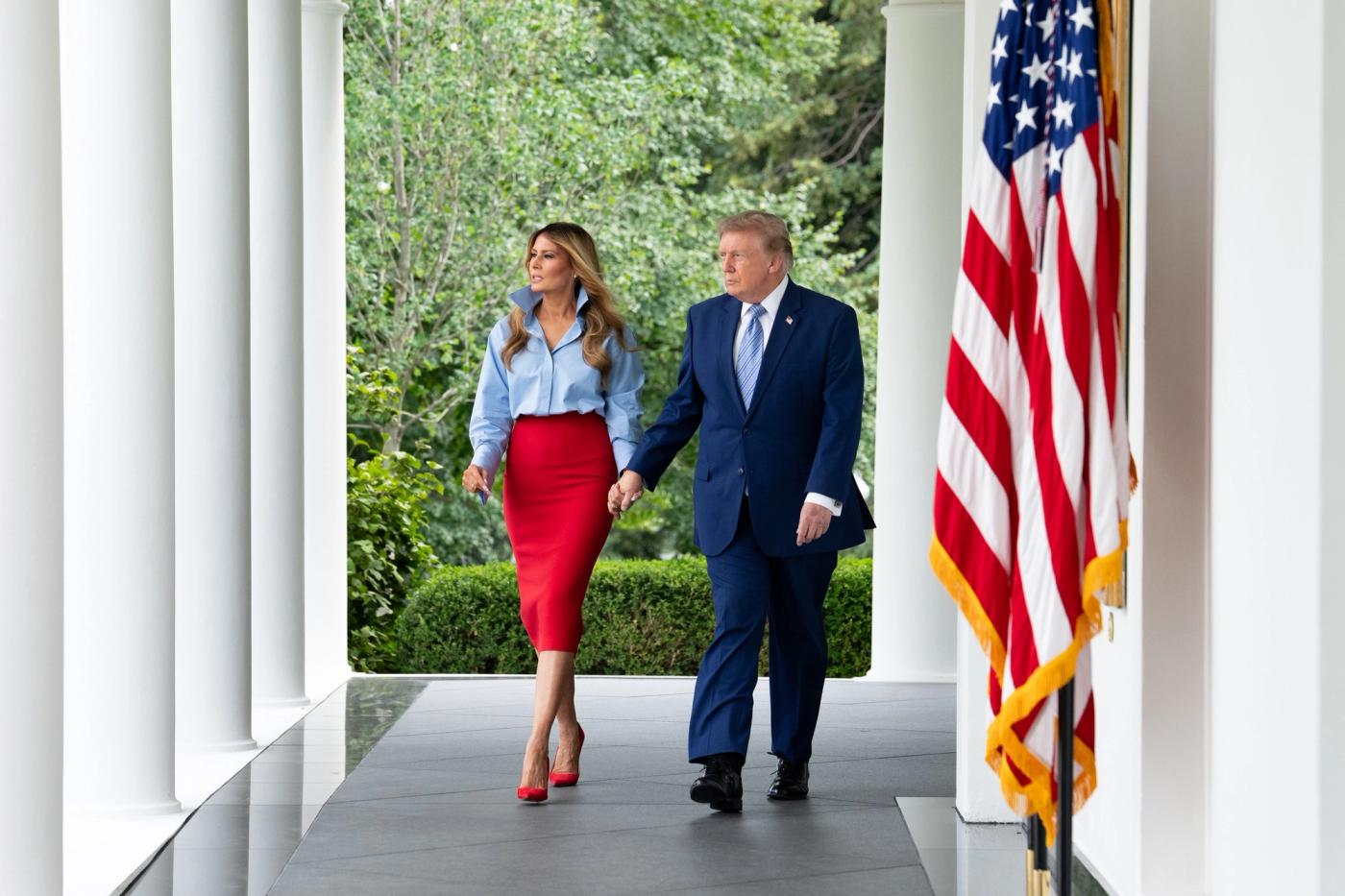 Stand-in photo (August 20, 2026): First Lady Melania Trump and President Donald J. Trump in the Rose Garden of the White House, August 20, 2026 (Official White House Photo by Andrea Hanks / public domain)