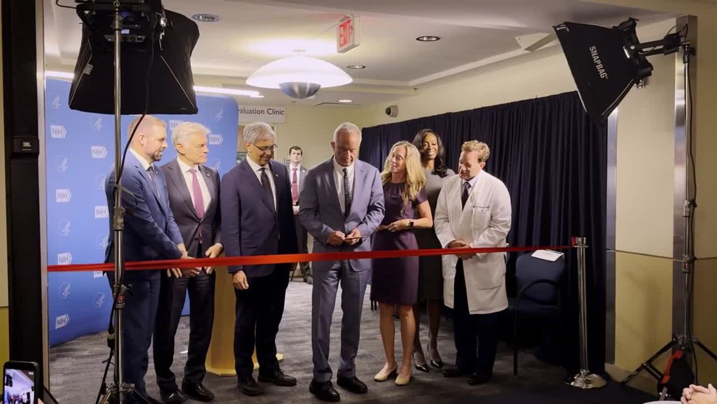 HHS Secretary Robert F. Kennedy Jr., NIH, CMS and CDC leaders and patients cut the ribbon on the new vaccine injury clinic at NIH in Bethesda, Maryland (still from Official HHS video)
