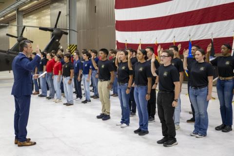 Stand-in photo (Sept. 18, 2026): Secretary of War Pete Hegseth administers the oath of enlistment to future service members at Austin Armed Forces Reserve Center during his Send Me Tour, Austin, Tx., Sept 18, 2026. (DoW photo by U.S. Navy Petty Officer 1st Class Eric Brann)