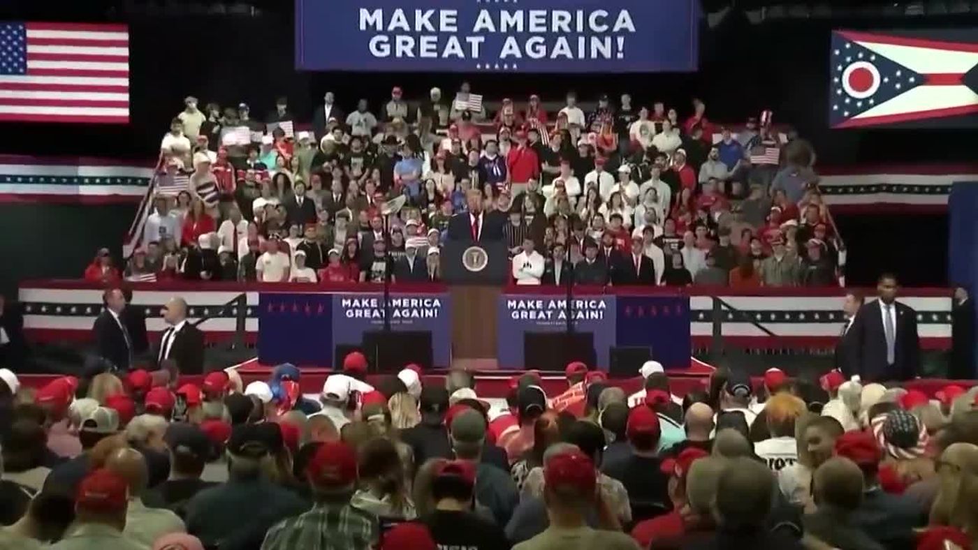 A packed arena beneath a MAKE AMERICA GREAT AGAIN banner and U.S. and Ohio flags at President Donald J. Trump's rally in Youngstown, Ohio, October 12, 2026. (Video still, @RapidResponse47)
