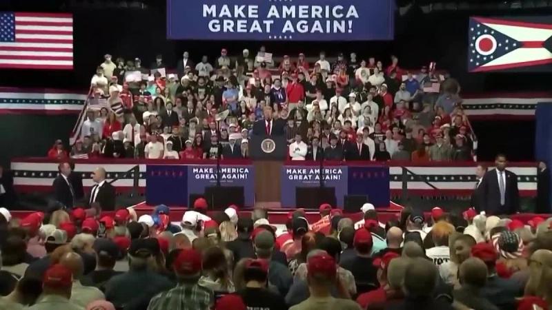 A packed arena beneath a MAKE AMERICA GREAT AGAIN banner and U.S. and Ohio flags at President Donald J. Trump's rally in Youngstown, Ohio, October 12, 2026. (Video still, @RapidResponse47)