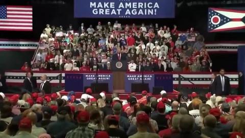 A packed arena beneath a MAKE AMERICA GREAT AGAIN banner and U.S. and Ohio flags at President Donald J. Trump's rally in Youngstown, Ohio, October 12, 2026. (Video still, @RapidResponse47)