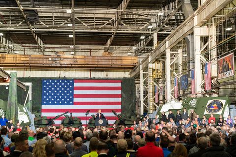 President Donald Trump delivers remarks at the Lima Army Tank Plant, highlighting U.S. defense manufacturing. Official White House Photo (public domain).