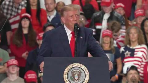 President Trump speaks at the presidential lectern at his rally in Syracuse, New York, October 9, 2026 (still from Official White House video)