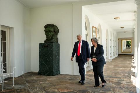 Stand-in photo (September 9, 2025): President Donald J. Trump walks with White House Chief of Staff Susie Wiles on the West Colonnade to the Oval Office, September 9, 2025 (Official White House Photo by Joyce N. Boghosian / public domain)