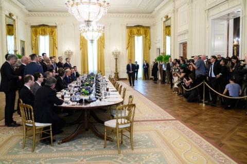 President Donald J. Trump hosts a luncheon on Super Intelligence (AI) with technology leaders in the East Room of the White House, September 29, 2026 (Official White House Photo by Daniel Torok / public domain)