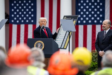 President Donald Trump presents a chart of reciprocal tariffs at the White House, April 2, 2025. Official White House Photo (public domain).